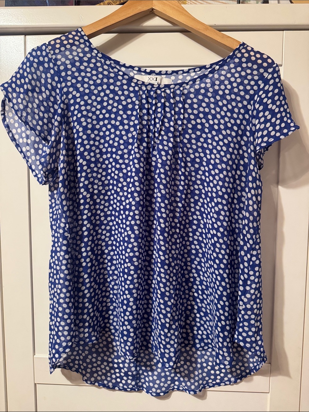 Vintage Forever 21 Royal Blue White Polka Dot Short Sleeve Blouse